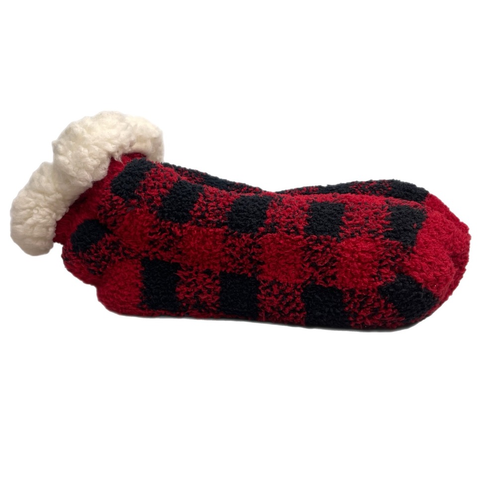 Muk Luks Womens Buffalo Plaid Sherpa Lined Slipper Socks Red Black Fuzzy